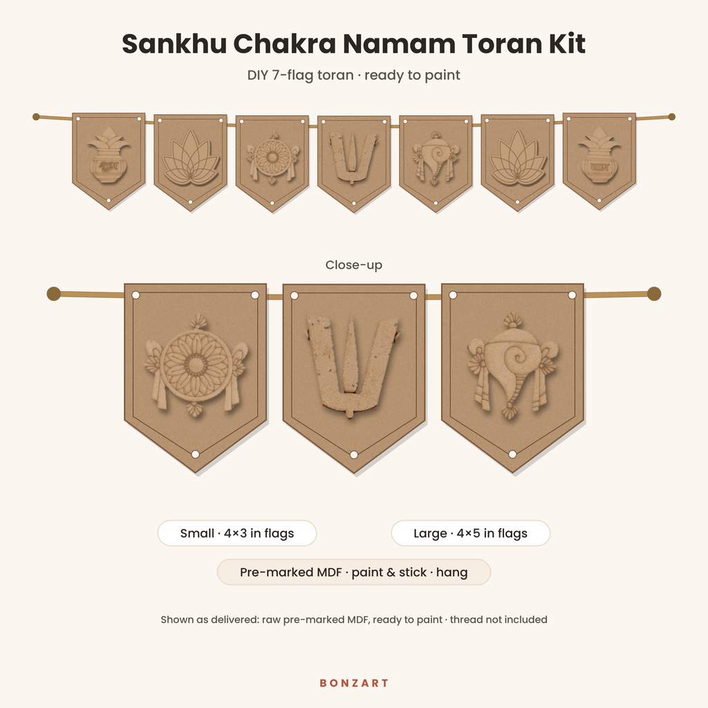 Sankhu Chakra Namam DIY MDF toran cutout set: 7 pre-marked MDF flags with Namam tilak, Chakram, Shankhu, Shubh Labh kalash and lotus cutouts
