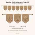Sankhu Chakra Namam DIY MDF toran cutout set: 7 pre-marked MDF flags with Namam tilak, Chakram, Shankhu, Shubh Labh kalash and lotus cutouts