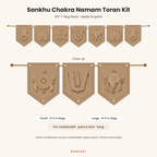 Sankhu Chakra Namam DIY MDF toran cutout set: 7 pre-marked MDF flags with Namam tilak, Chakram, Shankhu, Shubh Labh kalash and lotus cutouts