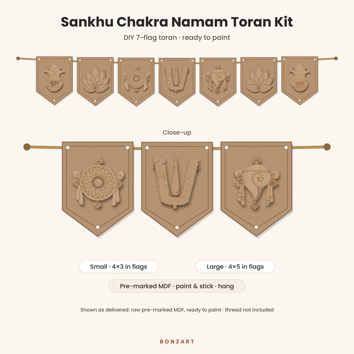 Sankhu Chakra Namam DIY MDF toran cutout set: 7 pre-marked MDF flags with Namam tilak, Chakram, Shankhu, Shubh Labh kalash and lotus cutouts