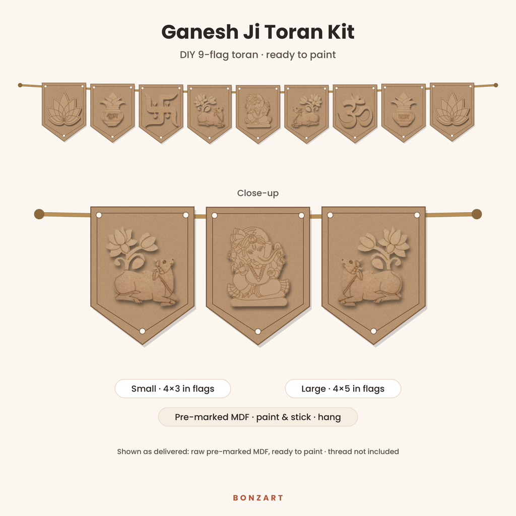Ganesh Ji DIY MDF toran cutout set: 9 pre-marked MDF flags with Ganesh ji, Pichwai Kamdhenu cows, Shubh Labh kalash, Swastik, Om and lotus cutouts