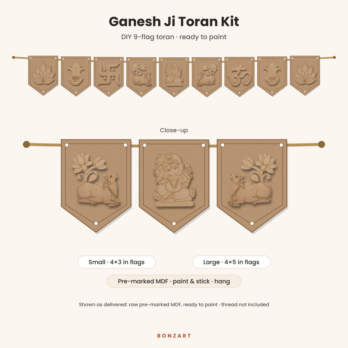 Ganesh Ji DIY MDF toran cutout set: 9 pre-marked MDF flags with Ganesh ji, Pichwai Kamdhenu cows, Shubh Labh kalash, Swastik, Om and lotus cutouts