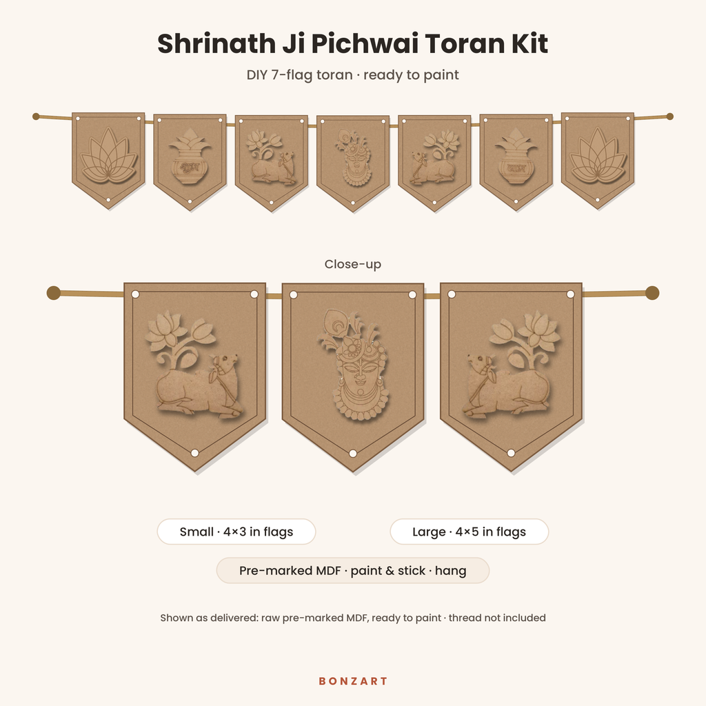 Shrinath Ji Pichwai DIY MDF toran cutout set: 7 pre-marked MDF flags with Shrinath ji face, Pichwai Kamdhenu cows, Shubh Labh kalash and lotus cutouts