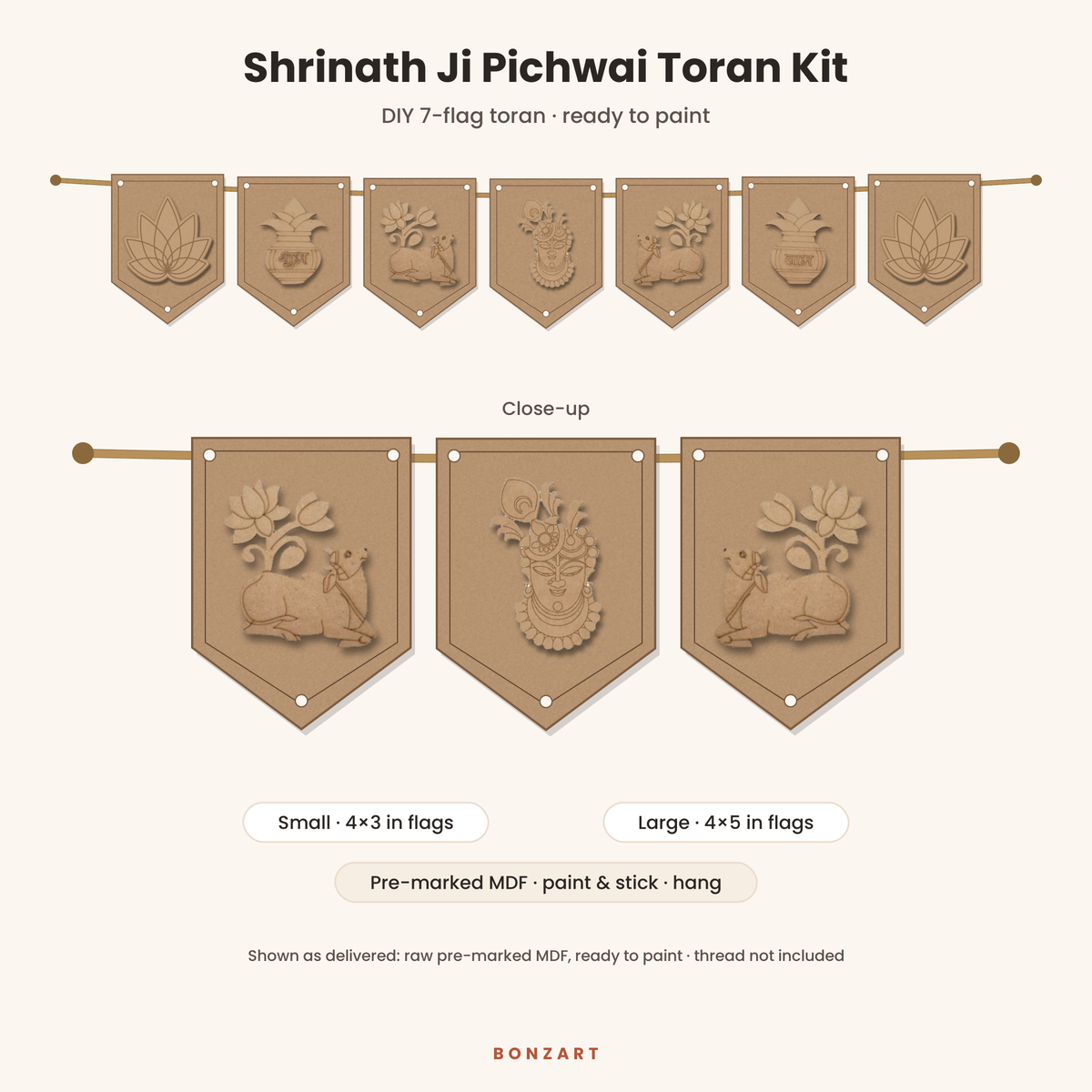 Shrinath Ji Pichwai DIY MDF toran cutout set: 7 pre-marked MDF flags with Shrinath ji face, Pichwai Kamdhenu cows, Shubh Labh kalash and lotus cutouts