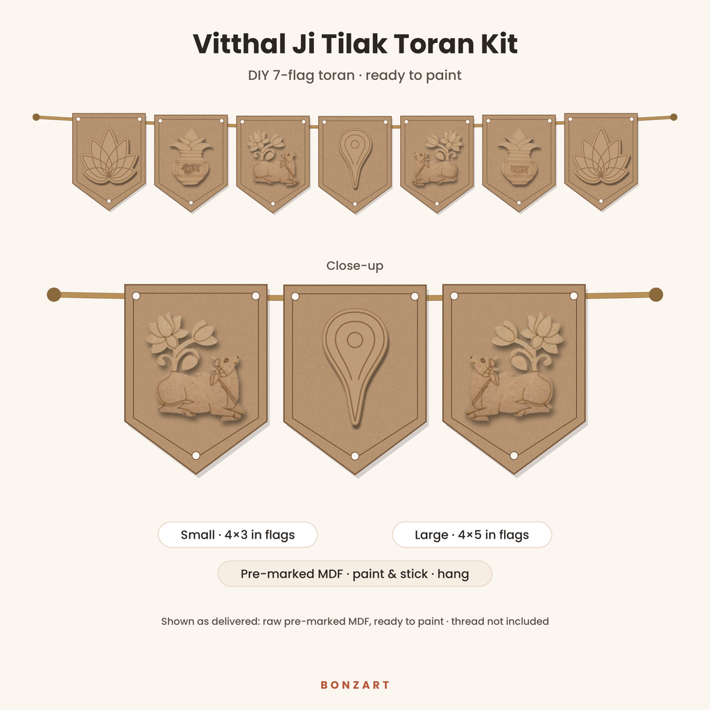 Vitthal Ji Tilak DIY MDF toran cutout set: 7 pre-marked MDF flags with Vitthal tilak, Pichwai Kamdhenu cows, Shubh Labh kalash and lotus cutouts