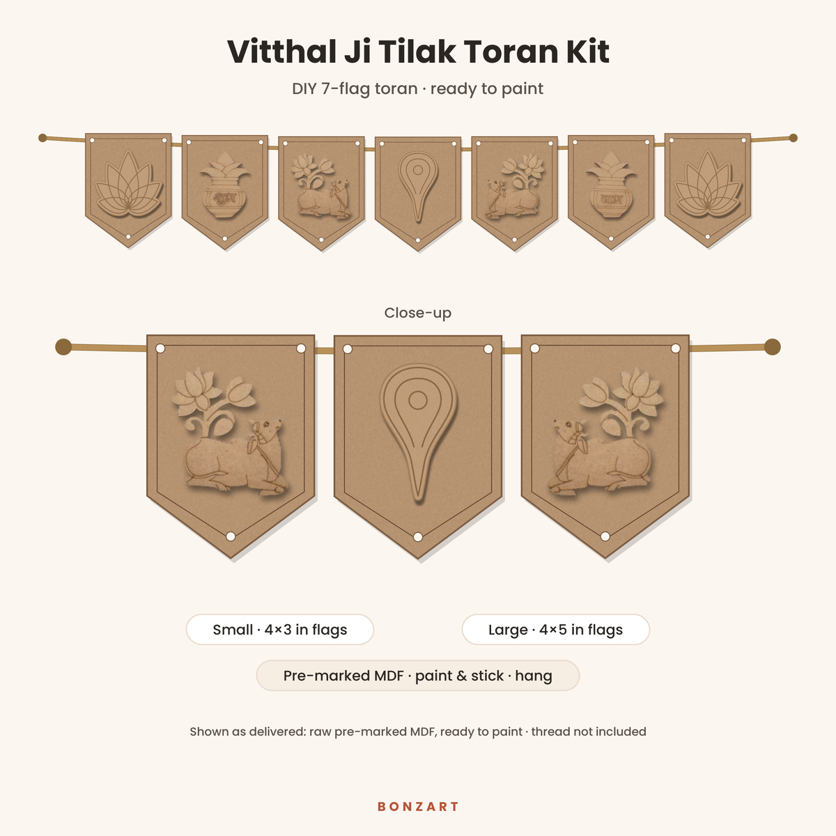 Vitthal Ji Tilak DIY MDF toran cutout set: 7 pre-marked MDF flags with Vitthal tilak, Pichwai Kamdhenu cows, Shubh Labh kalash and lotus cutouts
