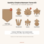 What's in the box: 7 raw MDF toran flags and 7 pre-marked MDF cutouts (Namam tilak, Chakram, Shankhu, Shubh and Labh kalash, 2 lotus)