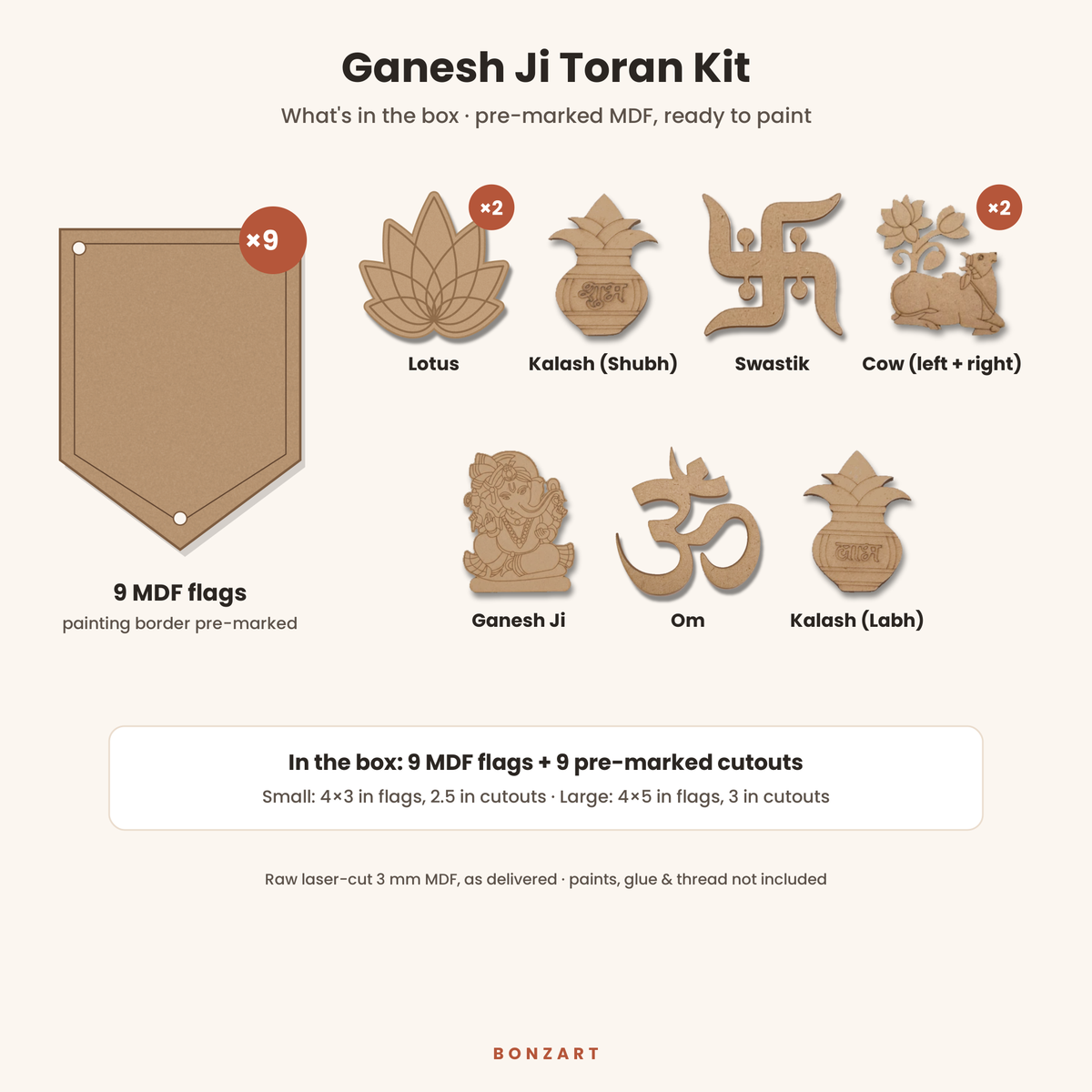What's in the box: 9 raw MDF toran flags and 9 pre-marked MDF cutouts (Ganesh ji, 2 cows, Shubh and Labh kalash, Swastik, Om, 2 lotus)