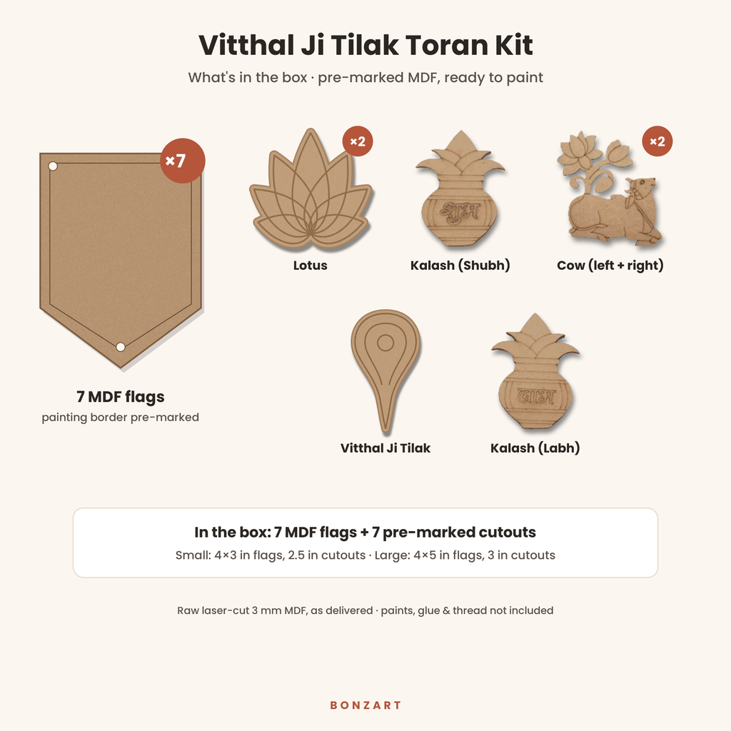 What's in the box: 7 raw MDF toran flags and 7 pre-marked MDF cutouts (Vitthal tilak, 2 cows, Shubh and Labh kalash, 2 lotus)