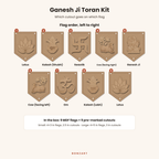 Ganesh Ji toran flag order left to right: lotus, Shubh kalash, Swastik, cow facing right, Ganesh ji, cow facing left, Om, Labh kalash, lotus
