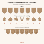 Sankhu Chakra Namam toran pieces shown separately: 7 blank MDF flags and 7 shaped MDF cutouts before assembly