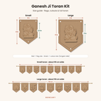 Ganesh Ji MDF toran size guide: small 3x4 inch flags with 2.5 inch cutouts (about 90 cm), large 4x5 inch flags with 3 inch cutouts (about 110 cm)