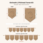 Shrinath Ji MDF toran size guide: small 3x4 inch flags with 2.5 inch cutouts (about 70 cm), large 4x5 inch flags with 3 inch cutouts (about 90 cm)