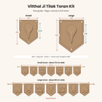 Vitthal Ji MDF toran size guide: small 3x4 inch flags with 2.5 inch cutouts (about 70 cm), large 4x5 inch flags with 3 inch cutouts (about 90 cm)
