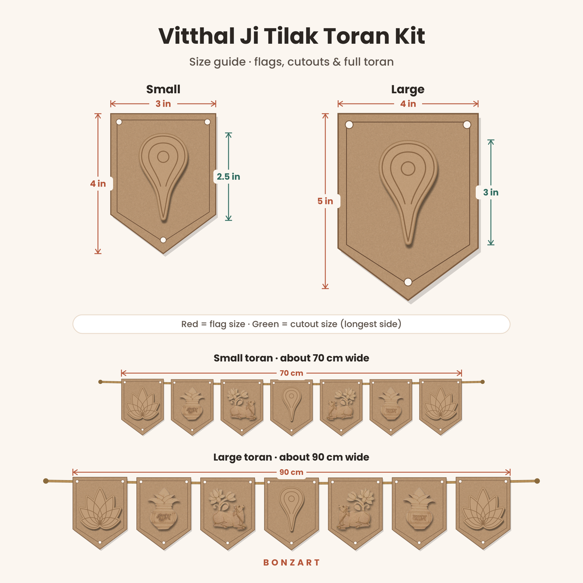 Vitthal Ji MDF toran size guide: small 3x4 inch flags with 2.5 inch cutouts (about 70 cm), large 4x5 inch flags with 3 inch cutouts (about 90 cm)