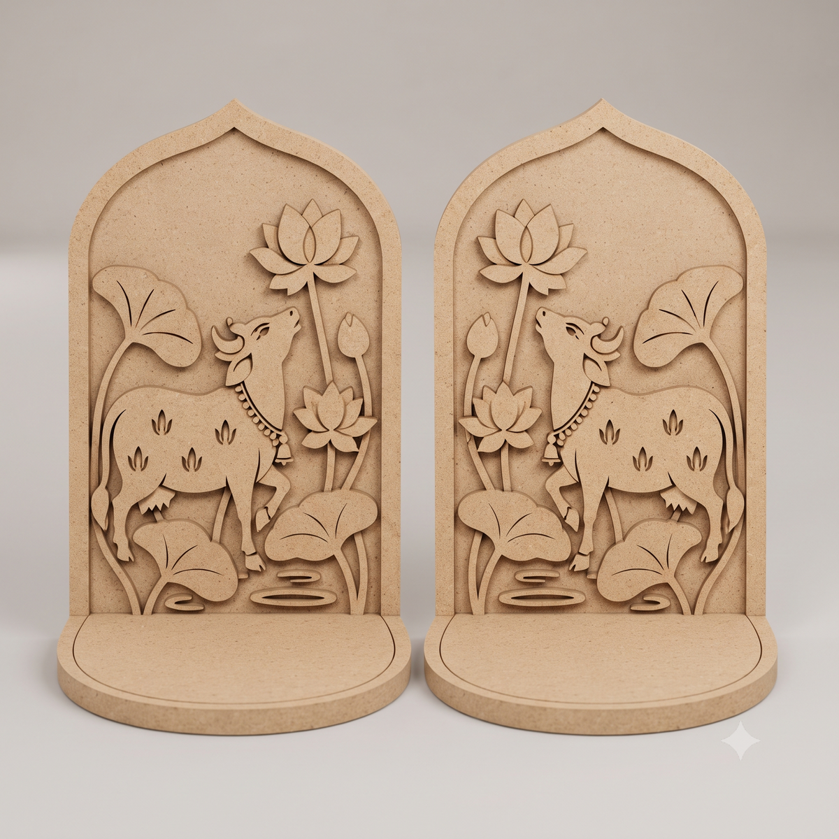 Cow & Lotus MDF Tea Light Holder Set | Pichwai Style Pooja Décor