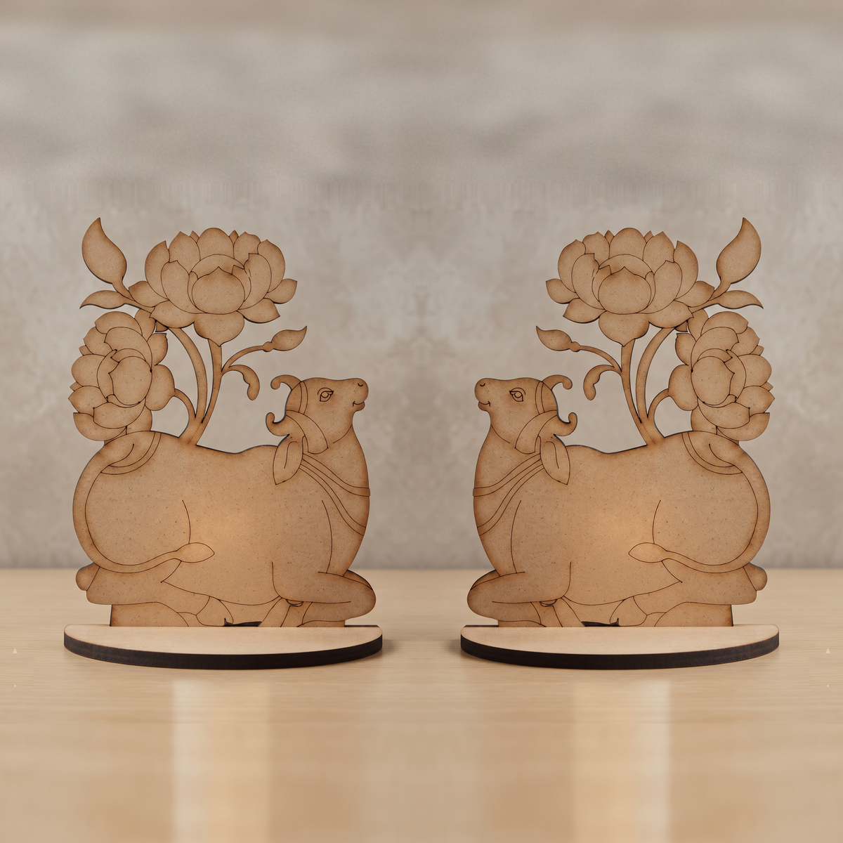 Pichwai Cow & Lotus Tealight Holder, 1 Pair | Mirror Pair MDF Diya Stand | Festive Home Décor
